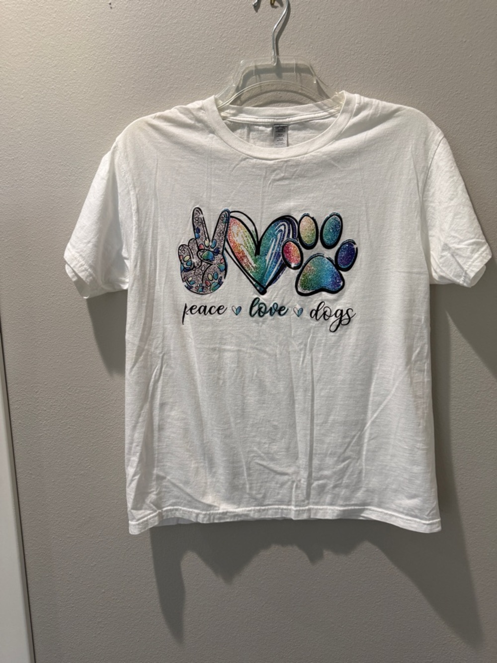 Gildan White Tee with Rainbow Peace Love Dogs Graphic
